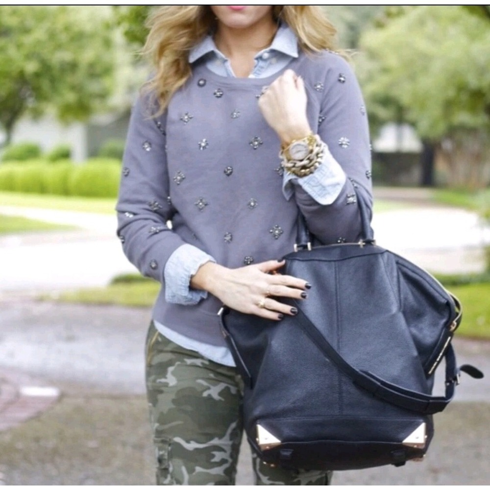 J Crew Cotton Rhinestone Pullover Sweater Gray M Party Holiday Casual Cottage